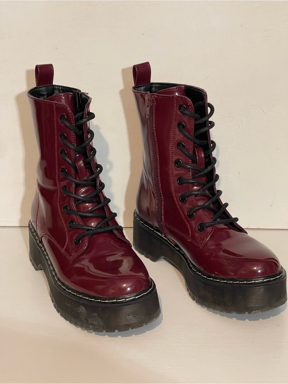 UNIONBAY Glossy Burgundy Lace-Up Platform Boots
